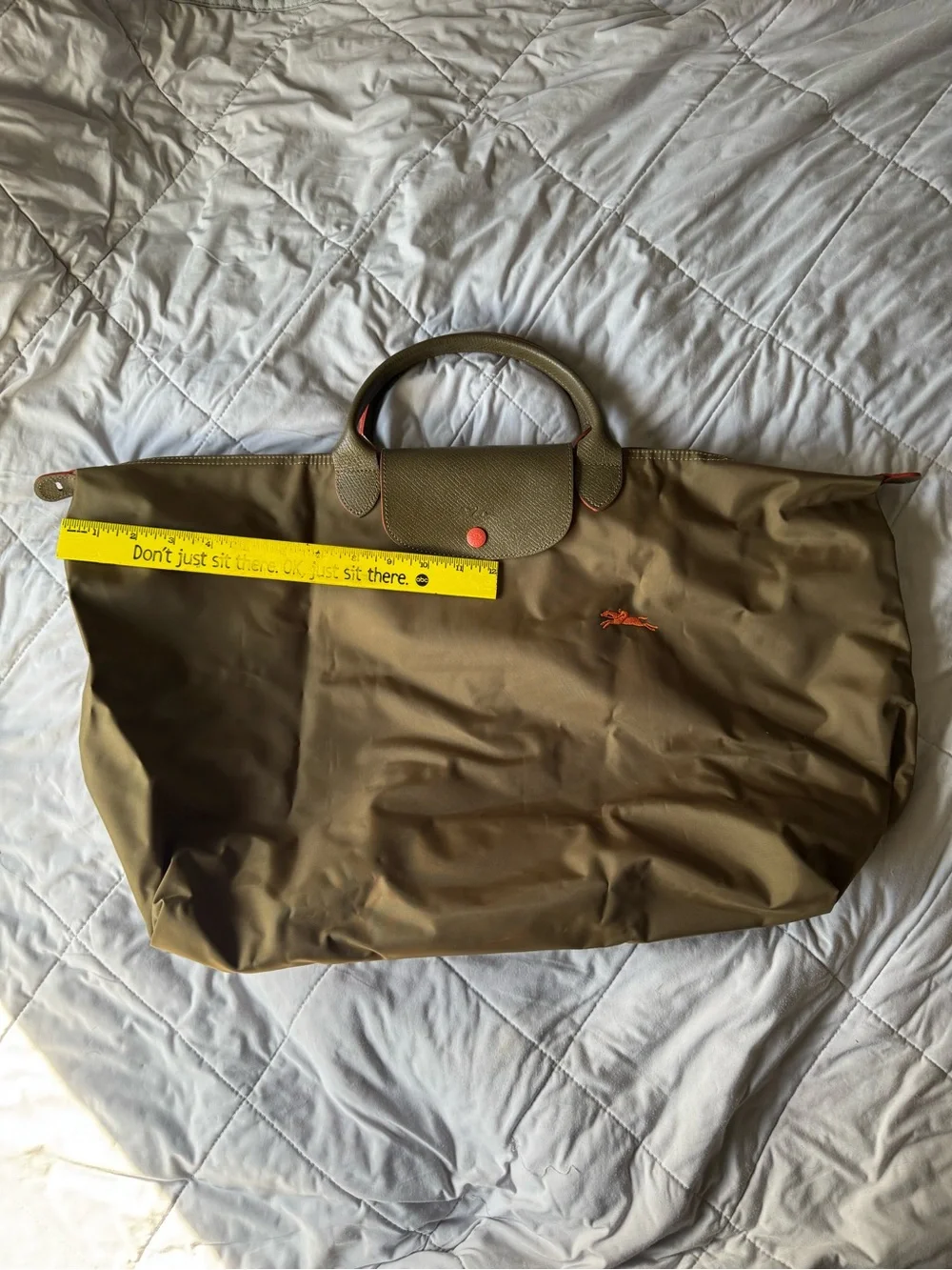 Longchamp Olive Green Nylon Tote with Orange Accent - Picture 2 of 6